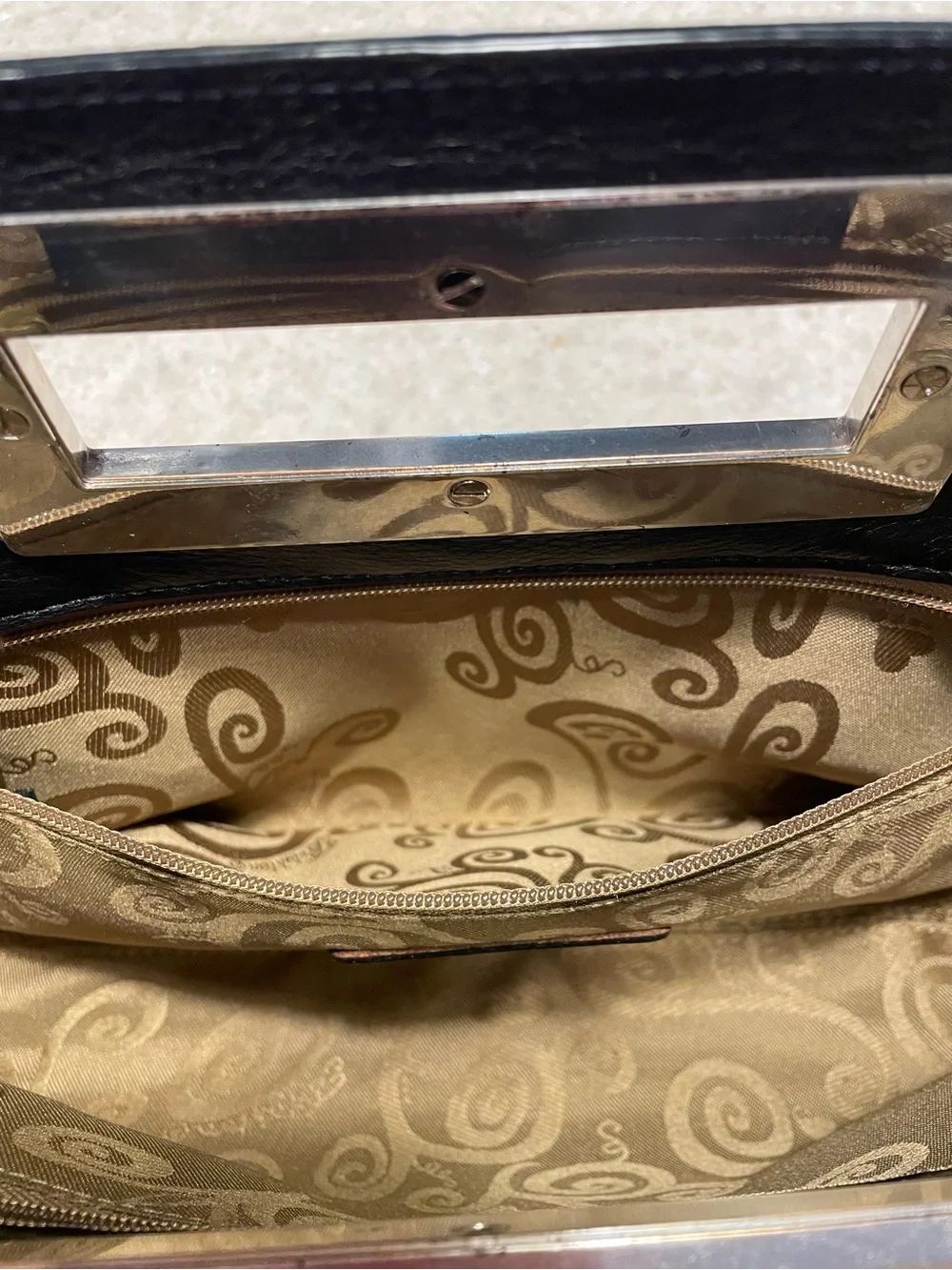 BRIGHTON Vintage Large Leather Clutch Purse Croc Embossed Metal Frame Handle